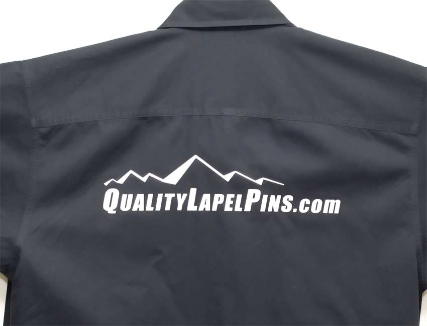 Quality Lapel Pins white Logo on Black Shirt
